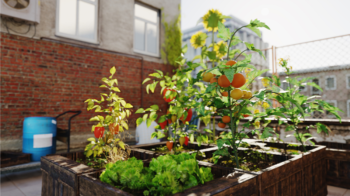 A planter containing plants