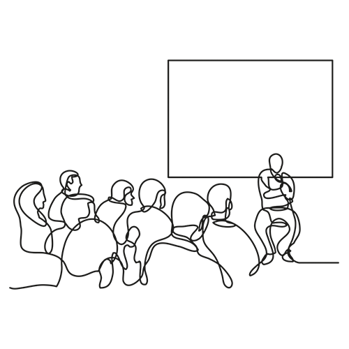 A line drawing of students in front of a blackboard