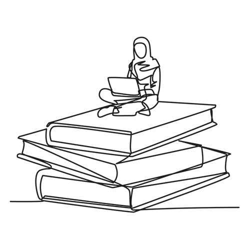 A line drawing of a girl sat on books