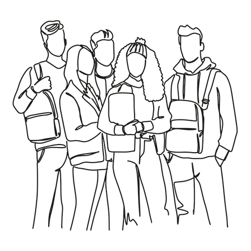 Line drawing of a group of five people