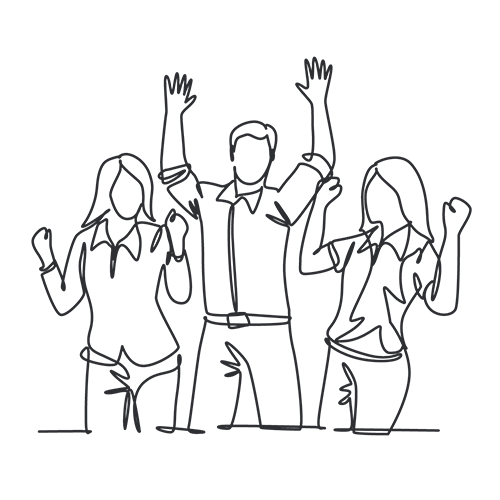 A line drawing of three people with hands raised